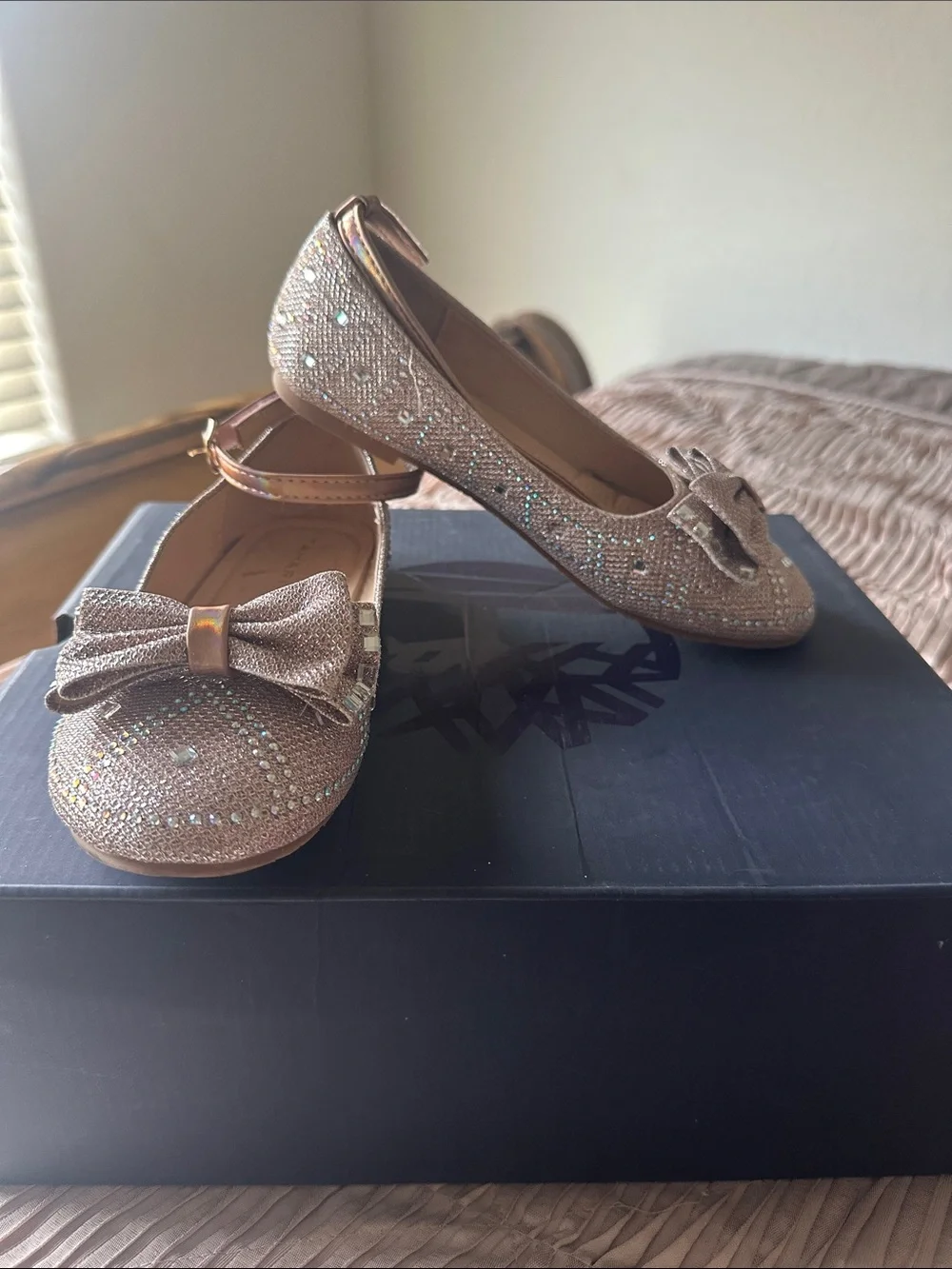 Tahari Girls Glitter Bow Ankle-Strap Flats - Rose Gold